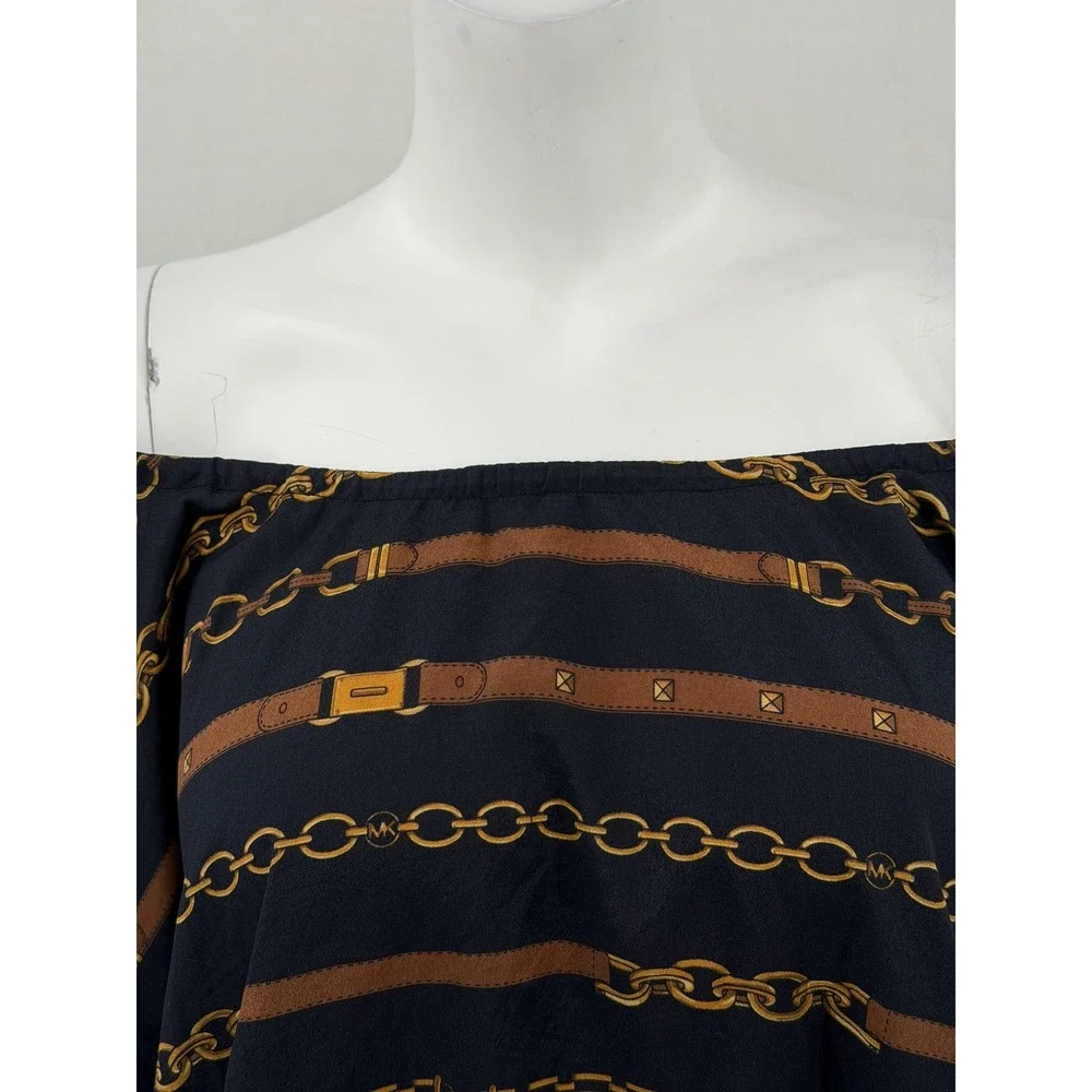 Michael Kors Top Womens 2X Navy Chain Belt Off the‎ Shoulder Equestrian Sheer